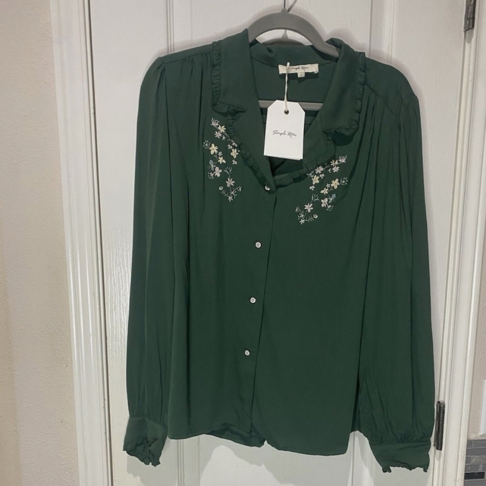 Simple Retro CONVALLARIA FLORAL EMBROIDERED GREEN PUFF TOP Large